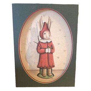 Rabbit in Red Santa Suit Coat Acrylic Painting Watercolor Bunny 9x12 Oval Matte